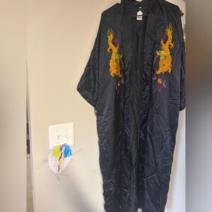 True Vintage Golden Dragon Long Kimono Black Dragon Embroidered Robe
